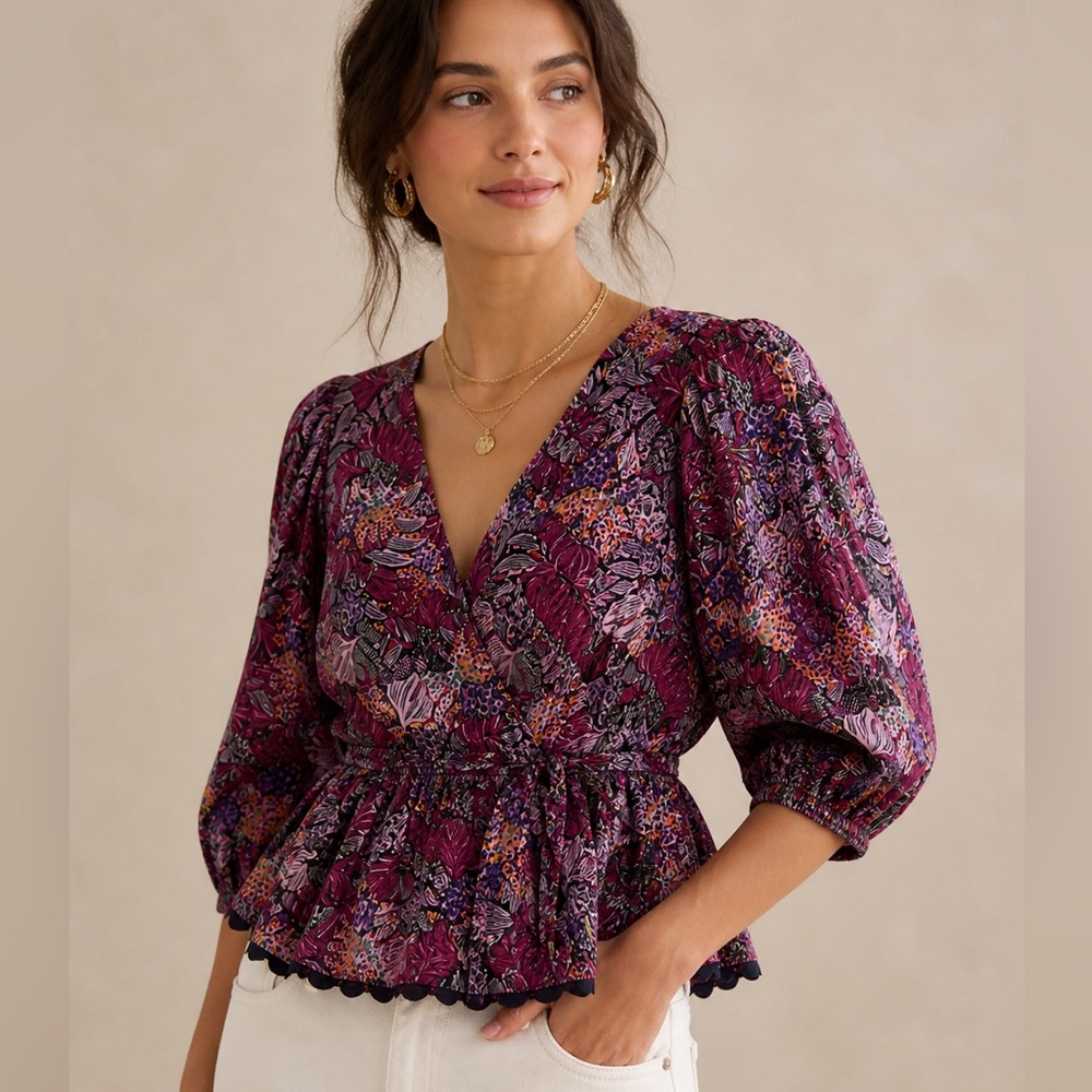 Kika Vargas Purple Floral Puff-Sleeve Peplum Wrap Top